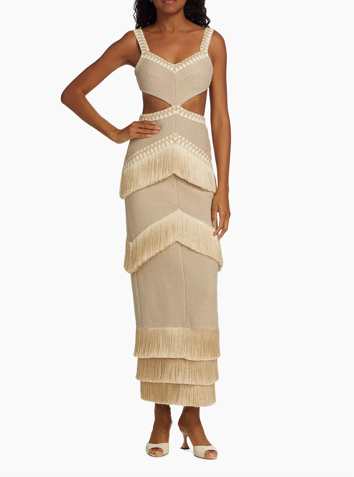 Metallic Knit Maxi Dress With Fringe Trim