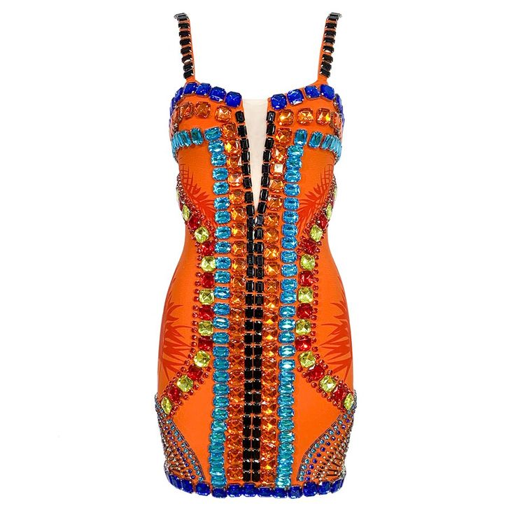 Split Mesh Square Neck Crystal Embellished Back Zipper Beaded Printed Bandage Mini Dress