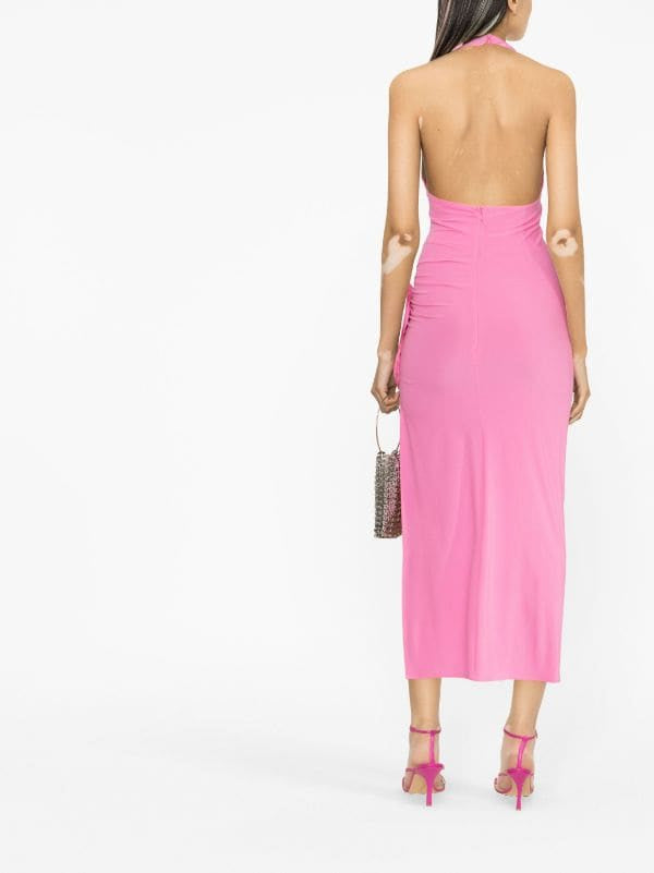 Flower-appliqué Halter-neck Midi Pink Dress