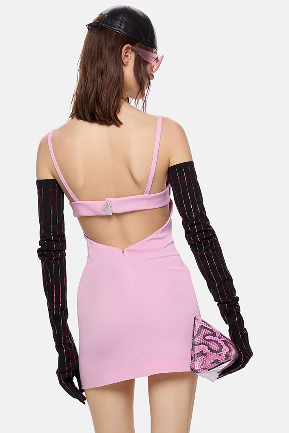 Halter Chain Show-back Mini Pink Dress