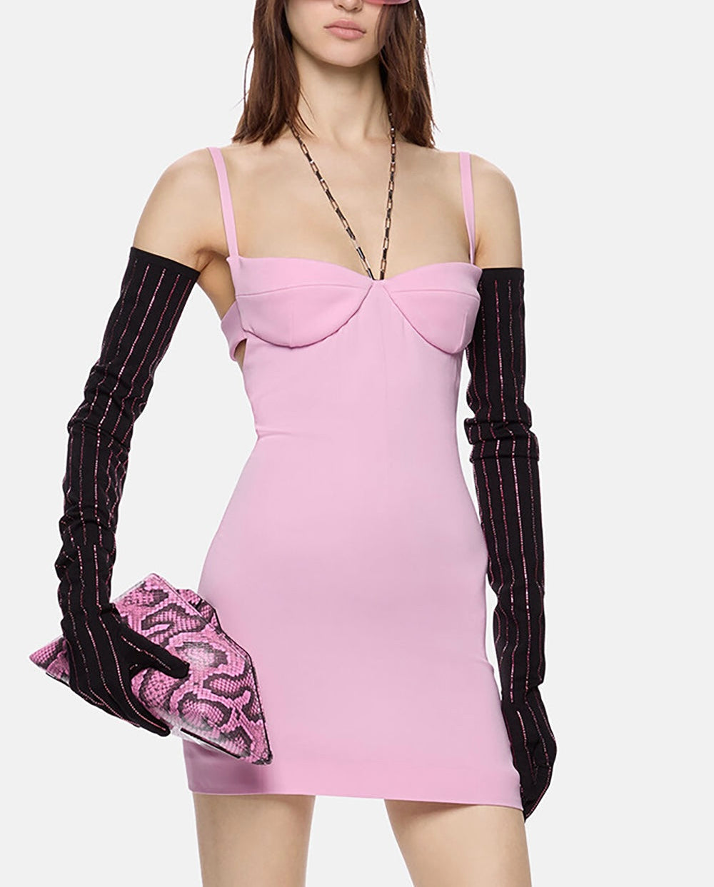 Halter Chain Show-back Mini Pink Dress