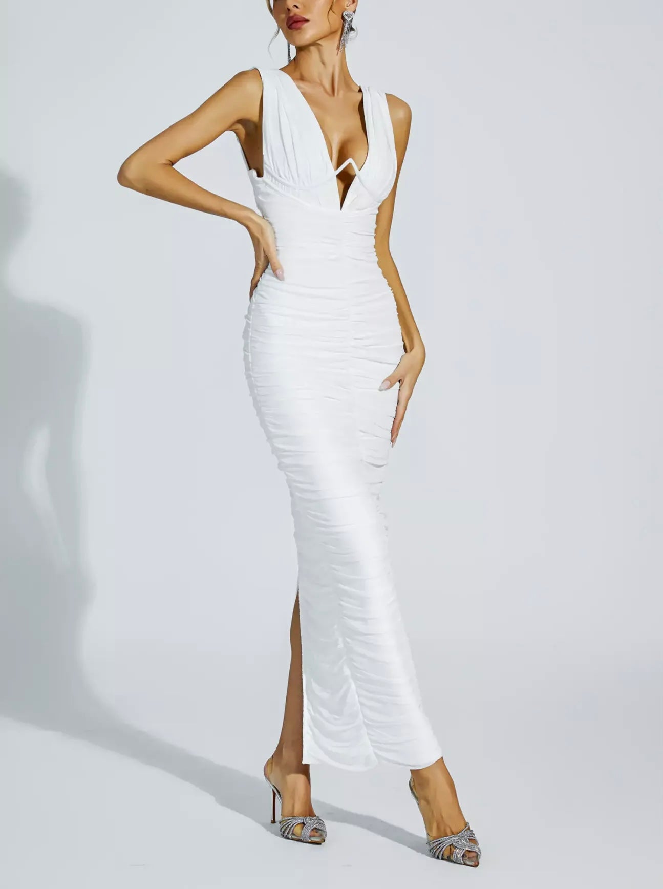 White Ruched Maxi Dress