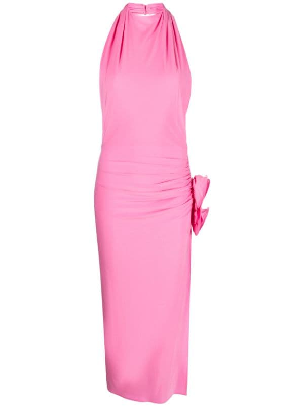 Flower-appliqué Halter-neck Midi Pink Dress