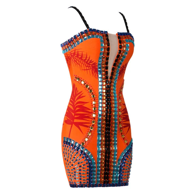 Split Mesh Square Neck Crystal Embellished Back Zipper Beaded Printed Bandage Mini Dress