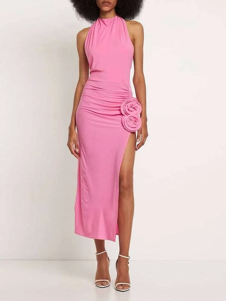 Flower-appliqué Halter-neck Midi Pink Dress