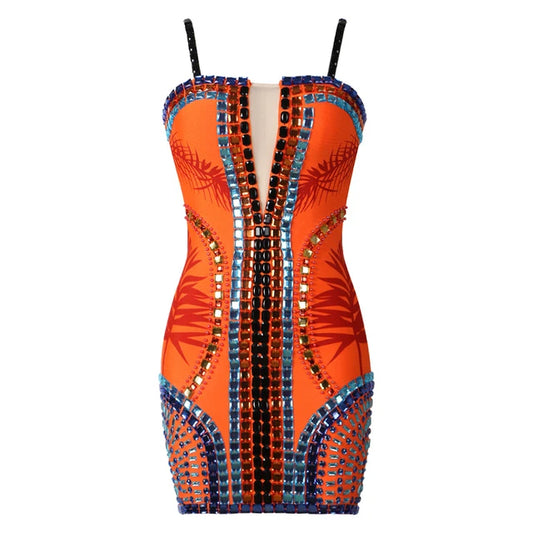 Split Mesh Square Neck Crystal Embellished Back Zipper Beaded Printed Bandage Mini Dress