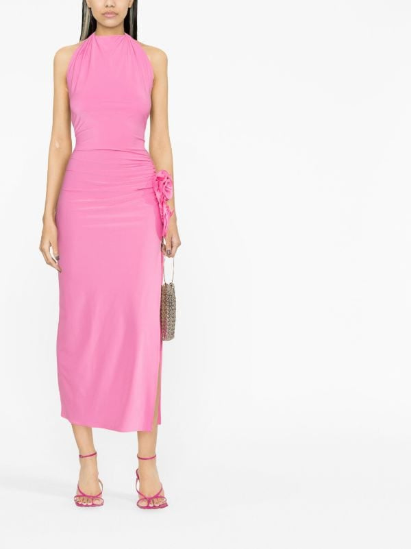 Flower-appliqué Halter-neck Midi Pink Dress