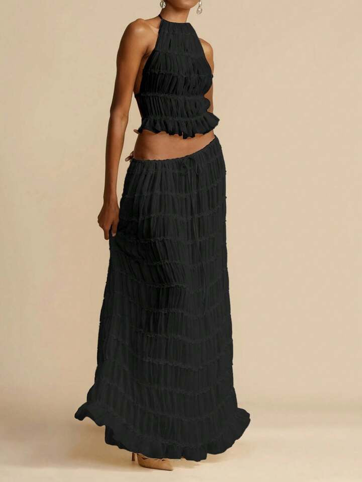 Two Piece Backless Lace-up Halter-neck Top Set with Matching Chiffon Pleated Long Skirt