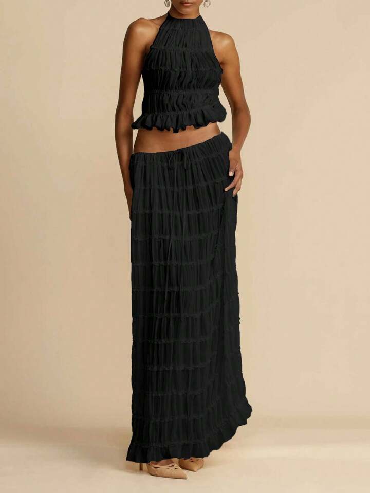 Two Piece Backless Lace-up Halter-neck Top Set with Matching Chiffon Pleated Long Skirt