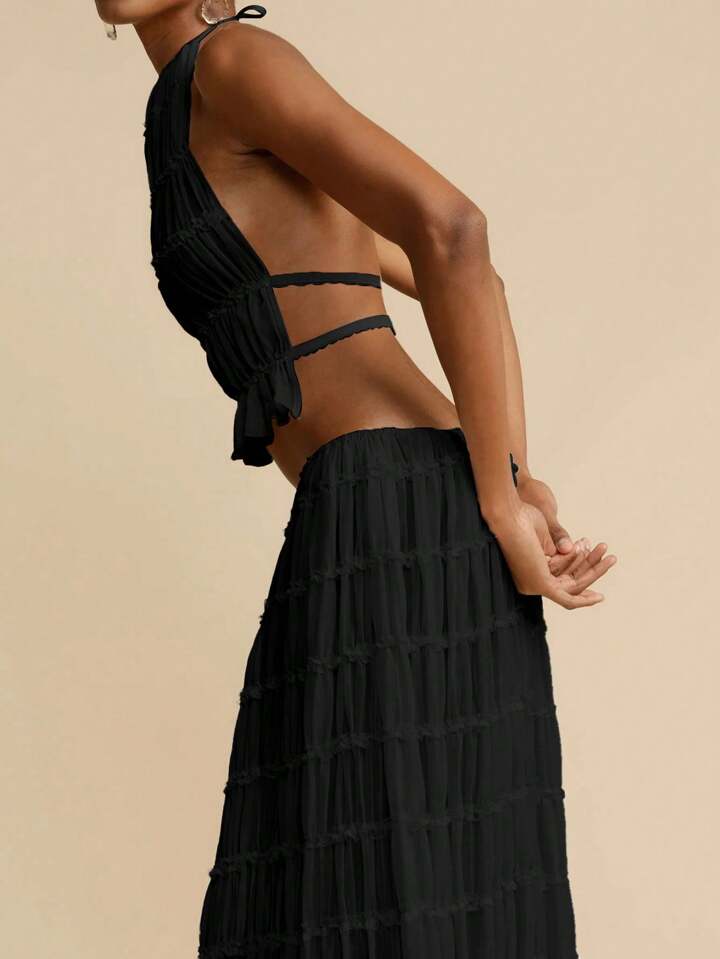 Two Piece Backless Lace-up Halter-neck Top Set with Matching Chiffon Pleated Long Skirt