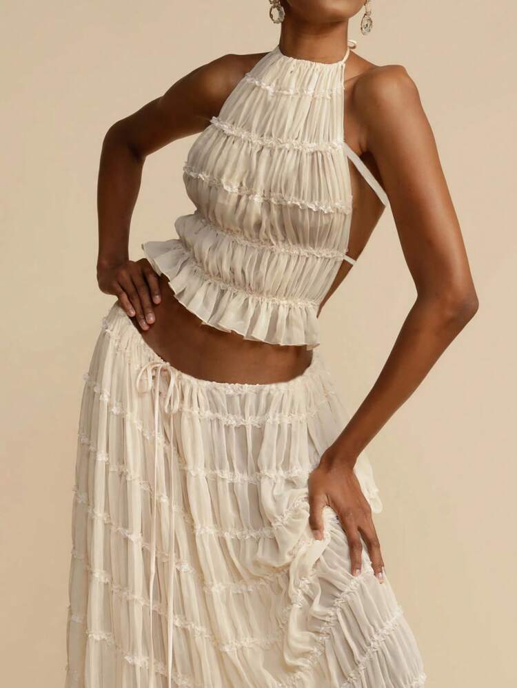 Two Piece Backless Lace-up Halter-neck Top Set with Matching Chiffon Pleated Long Skirt