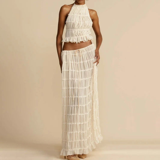 Two Piece Backless Lace-up Halter-neck Top Set with Matching Chiffon Pleated Long Skirt