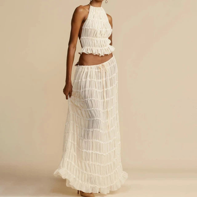 Two Piece Backless Lace-up Halter-neck Top Set with Matching Chiffon Pleated Long Skirt