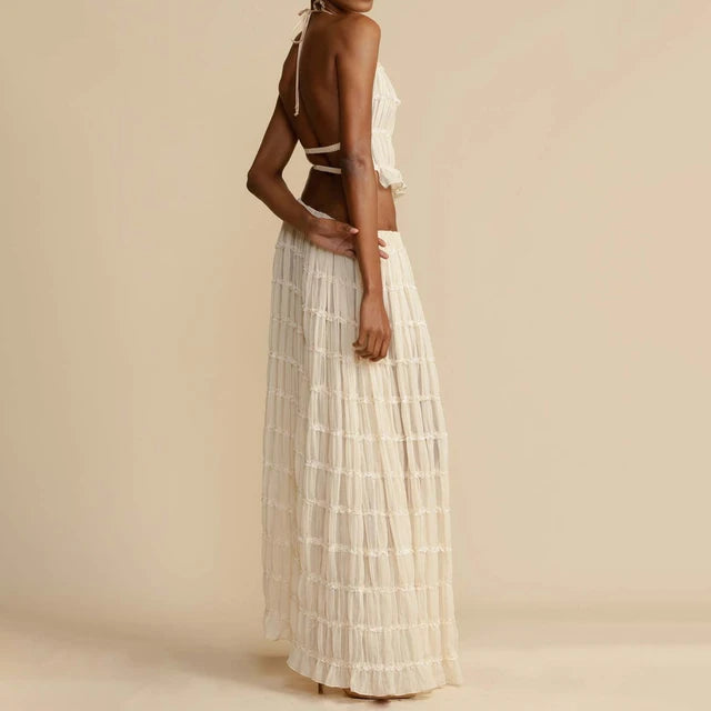 Two Piece Backless Lace-up Halter-neck Top Set with Matching Chiffon Pleated Long Skirt