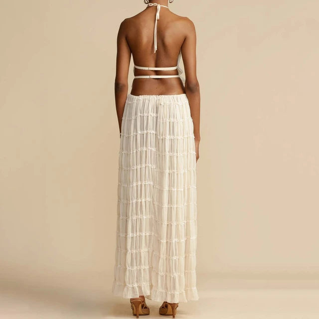 Two Piece Backless Lace-up Halter-neck Top Set with Matching Chiffon Pleated Long Skirt